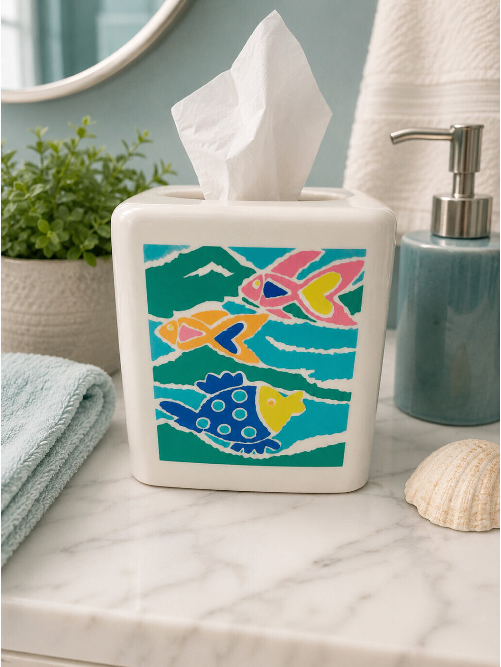 Vintage 90s Tropical Fish White Melamine Tissue Box Cover Holder Bathroom Decor
